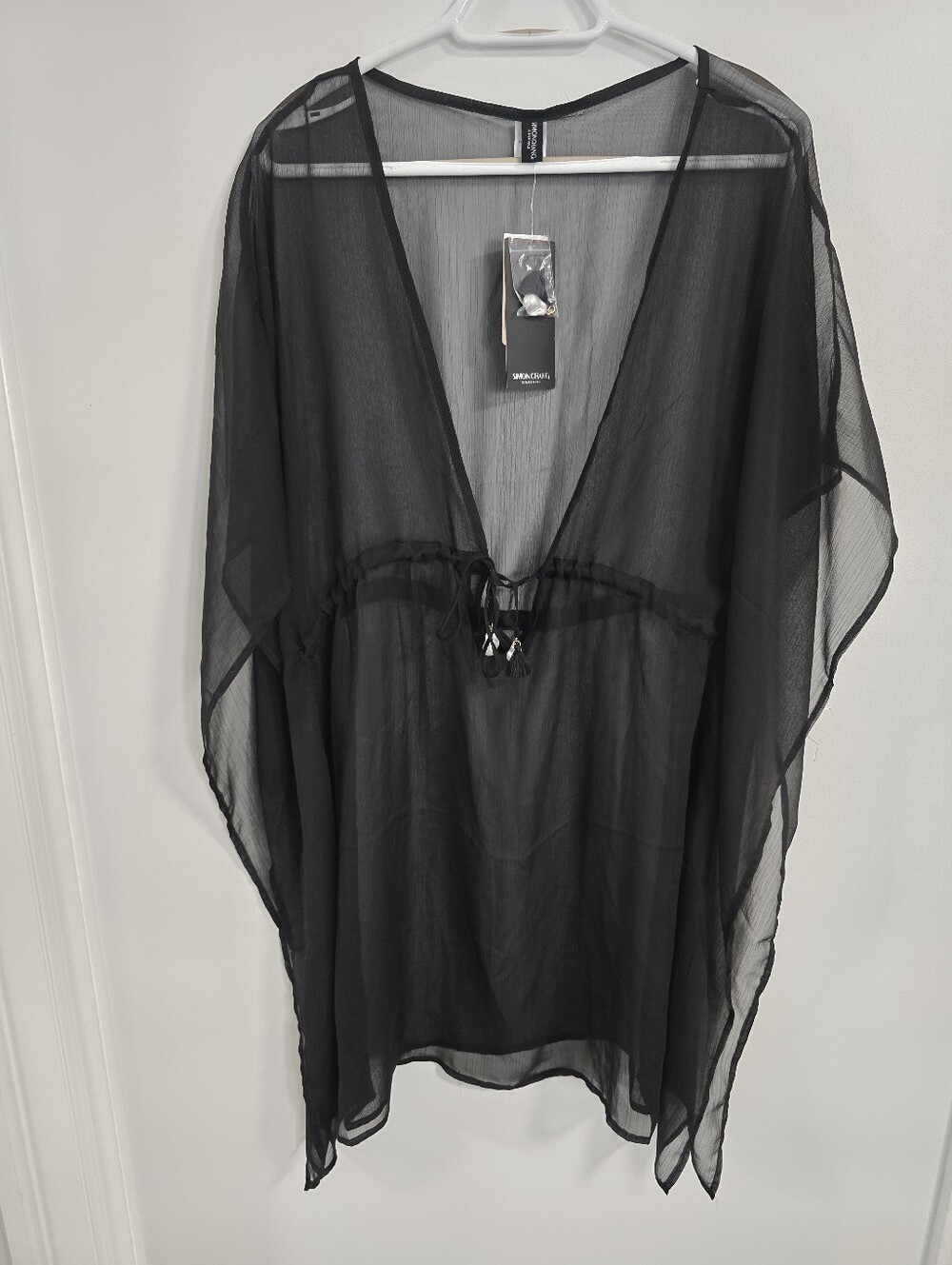 Simon Chang Solution Sheer Black Drawstring V-Neck Cover-Up Pearl Tassel Size L